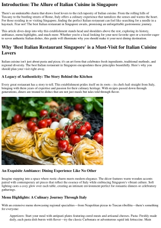 Why 'Best Italian Restaurant Singapore' is a Must-Visit for Italian Cuisine Love