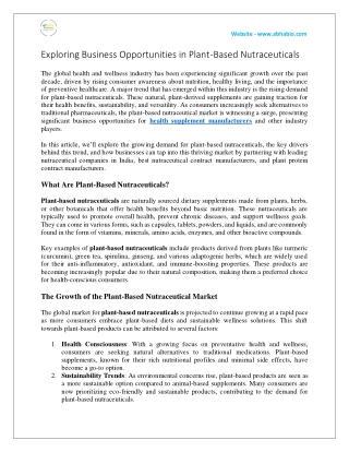 Exploring Business Opportunities in Plant-Based Nutraceuticals