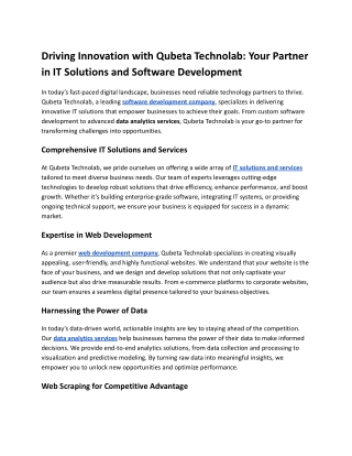 Driving Innovation with Qubeta Technolab Your Partner in IT Solutions and Software Development