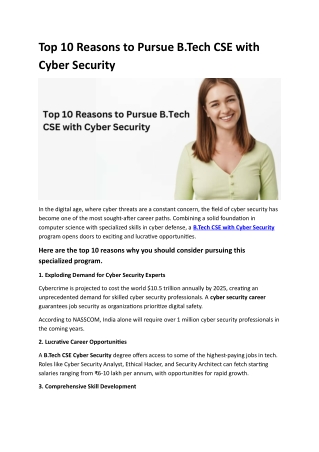 Top 10 Reasons to Pursue B.Tech CSE with Cyber Security