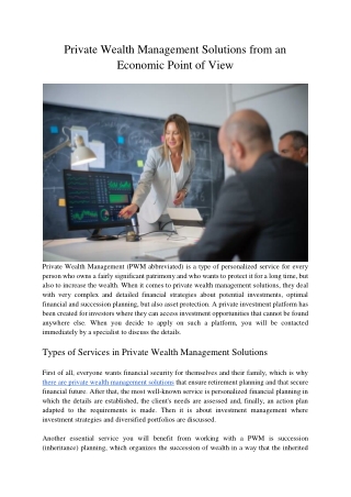 Private Wealth Management Solutions from an Economic Point of View