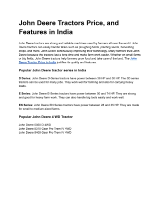 John Deere Tractors Price, and Features in India