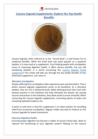 Cascara Sagrada Supplements | Boost Digestion & Detoxify | Life Giving Store