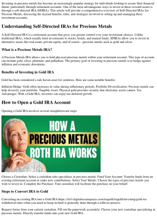 Self-Directed IRAs for Precious Metals: A Complete Overview