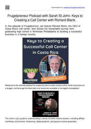 Frugelpreneur Podcast with Sarah St John. Keys to Creating an ESL Call Center with Richard Blank.