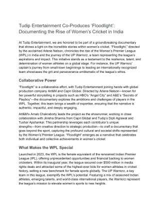 Tudip Entertainment Co-Produces ‘Floodlight’_ Documenting the Rise of Women’s Cricket in India