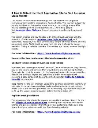 4 Tips to Select the Ideal Aggregator Site to Find Business Class Flights