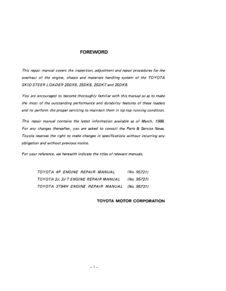 Toyota 2SGK6 2SDK6 2SDK7 2SDK8 Skid Steer Loader Service Repair Manual Instant Download