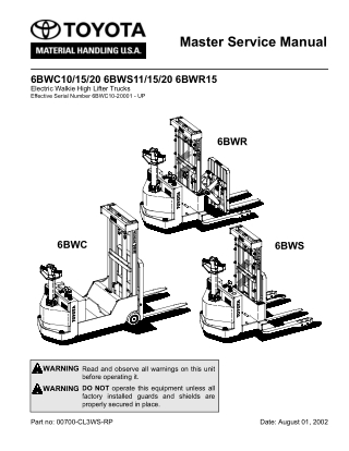 Toyota 6BWC101520 6BWS111520 6BWR15 Electric Walkie High Lifter Trucks Service Repair Manual Instant Download