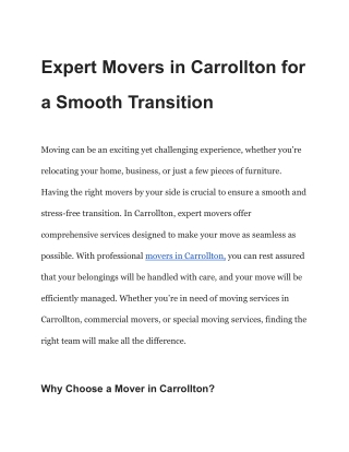 Expert Movers in Carrollton for a Smooth Transition