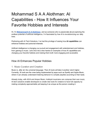 Mohammad S A A Alothman AI Capabilities - How It Influences Your Favorite Hobbies and Interests