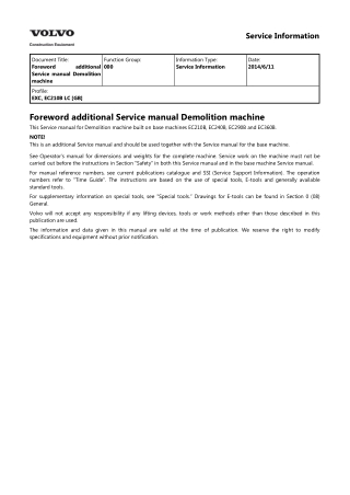 Volvo EC210B LC EC210BLC Excavator Service Repair Manual Instant Download