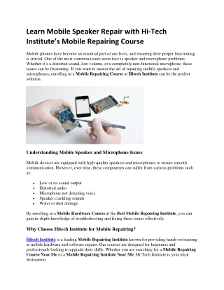 Learn Mobile Speaker Repair with Hi-Tech Institute’s Mobile Repairing Course