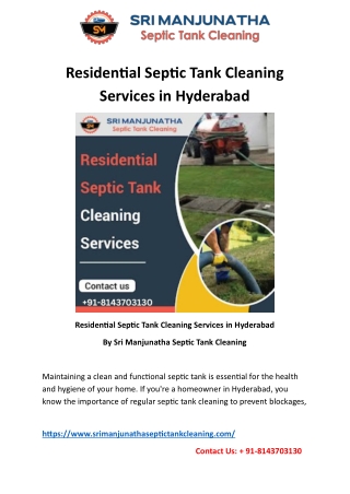 Residential Septic Tank Cleaning Services in Hyderabad