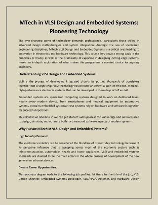 MTech in VLSI Design and Embedded Systems- Pioneering Technology