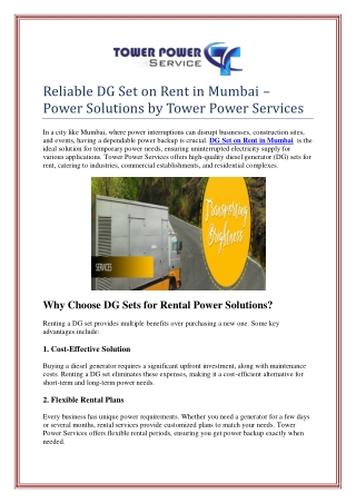 Reliable DG Set on Rent in Mumbai – Power Solutions by Tower Power Services