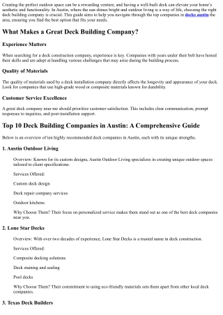 Top 10 Deck Building Companies in Austin: A Comprehensive Guide