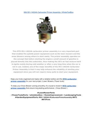 Mtd 951-14024A Carburetor Primer Assembly _ WholeToolBox