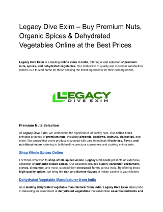 Legacy Dive Exim – Buy Premium Nuts, Organic Spices & Dehydrated Vegetables Online at the Best Prices