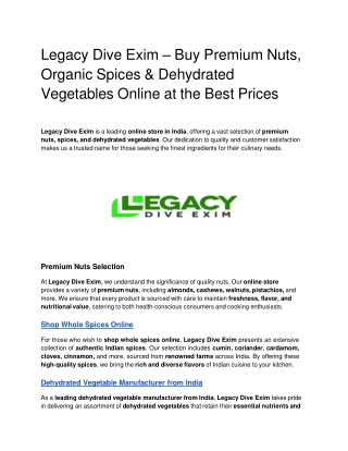 Legacy Dive Exim – Buy Premium Nuts, Organic Spices & Dehydrated Vegetables Online at the Best Prices