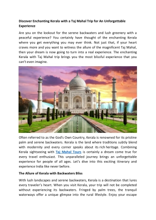 Discover Enchanting Kerala with Taj Mahal Trip for An Unforgettable Experience