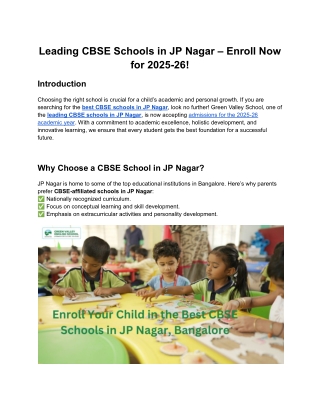 Leading CBSE Schools in JP Nagar – Enroll Now for 2025-26