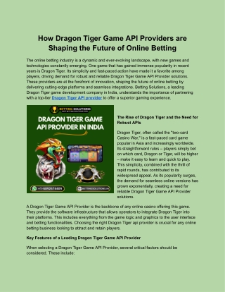 Dragon Tiger Game API Provider