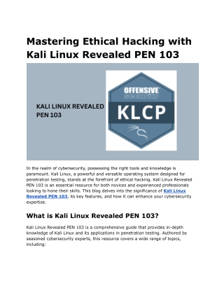 Mastering Ethical Hacking with Kali Linux Revealed PEN 103