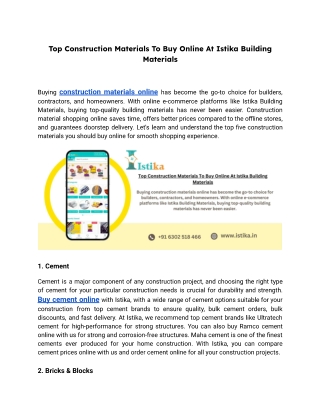 Top Construction Materials To Buy Online At Istika Building Materials