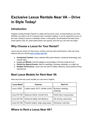 Exclusive Lexus Rentals Near VA – Drive in Style Today