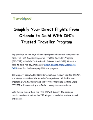 Simplify Your Direct Flights From Orlando to Delhi With IGI’s Trusted Traveller Program