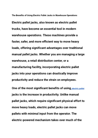 The Benefits of Using Electric Pallet Jacks in Warehouse Operations