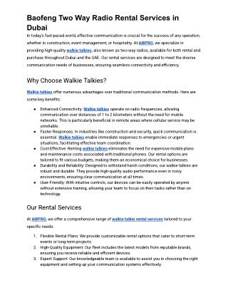 Baofeng Two Way Radio Rental Services in Dubai