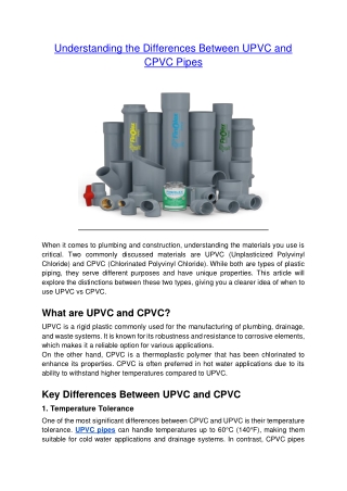 Understanding the Differences Between UPVC and CPVC Pipes