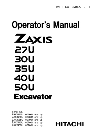 HITACHI ZAXIS 27U 30U 35U 40U 50U EXCAVATOR Operator Manual Instant Download