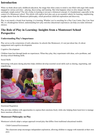 The Role of Play in Learning: Insights from a Montessori School Perspective