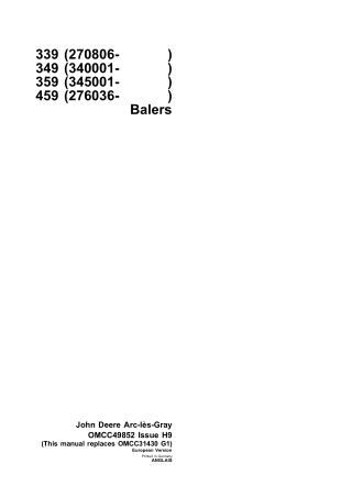 John Deere 339 349 359 459 Balers Operator’s Manual Instant Download (Publication No.omcc49852)