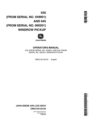 John Deere 630 (Serial No.049901) and 645 (Serial No.060201) Windrow Pickup Operator’s Manual Instant Download (Publicat