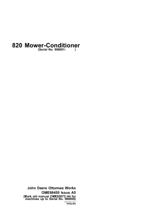 John Deere 820 Mower-Conditioner (Serial No.986001-) Operator’s Manual Instant Download (Publication No.ome86450)