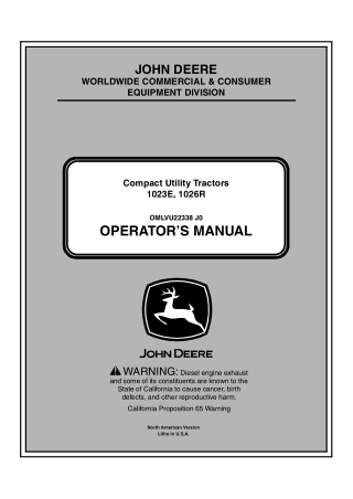 John Deere 1023E 1026R Compact Utility Tractors (Pin.010001-) Operator’s Manual Instant Download (Publication No. OMLVU2