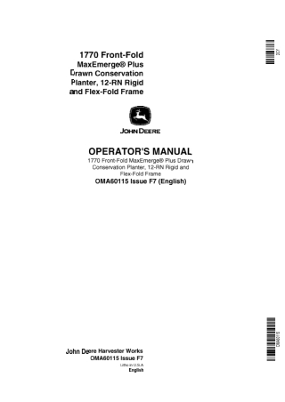 John Deere 1770 Front-Fold MaxEmerge Plus Drawn Conservation Planter 12-RN Rigid and Flex-Fold Frame Operator’s Manual I