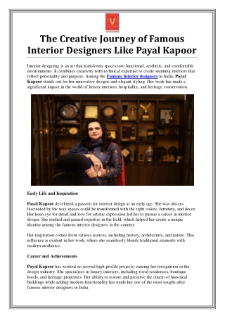 Famous Interior Designers – Payal Kapoor’s Excellence in Design