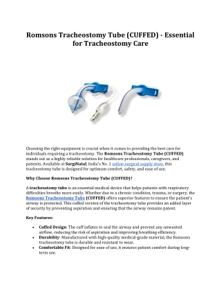 Romsons Tracheostomy Tube (CUFFED) - Essential for Tracheostomy Care