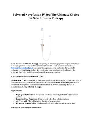 Polymed Novofusion IV Set: The Ultimate Choice for Safe Infusion Therapy