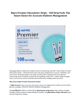 Nipro Premier Glucometer Strips - 100 Strip Pack: Trusted Accuracy for Diabetes