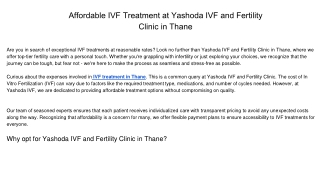Affordable IVF Treatment at Yashoda IVF and Fertility Clinic in Thane