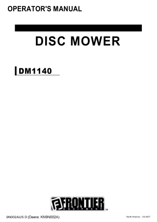 John Deere Frontier DM1140 Disc Mower Operator’s Manual Instant Download (Publication No. KN9N002A)