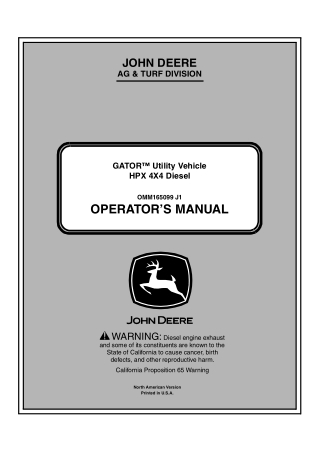 John Deere HPX 4×4 Diesel GATOR™ Utility Vehicle (PIN.100001-) Operator’s Manual Instant Download (Publication No.OMM165