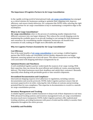 The Importance Of Logistics Partners In Air Cargo Consolidation