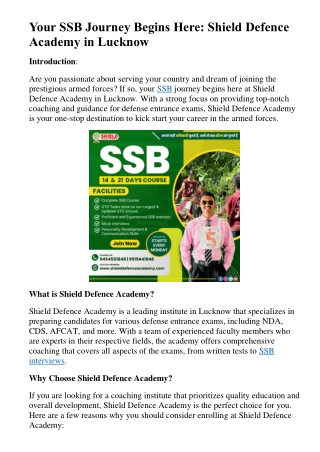 Your SSB Journey Begins Here. Shield Defence Academy